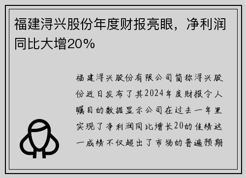 福建浔兴股份年度财报亮眼，净利润同比大增20%
